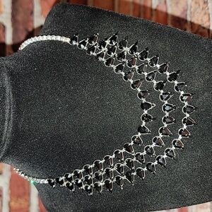 Vintage Black Teardrop Rhinestone Three Tier Necklace